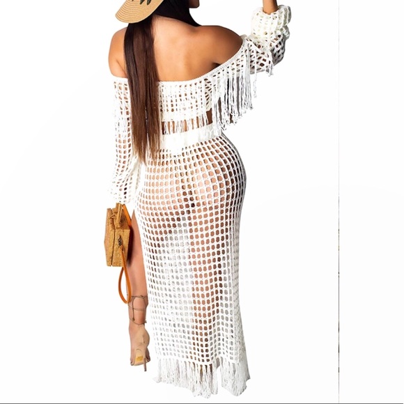 Beach Cover Up Crochet Knit Fringes Maxi Skirt Set - Picture 4 of 8